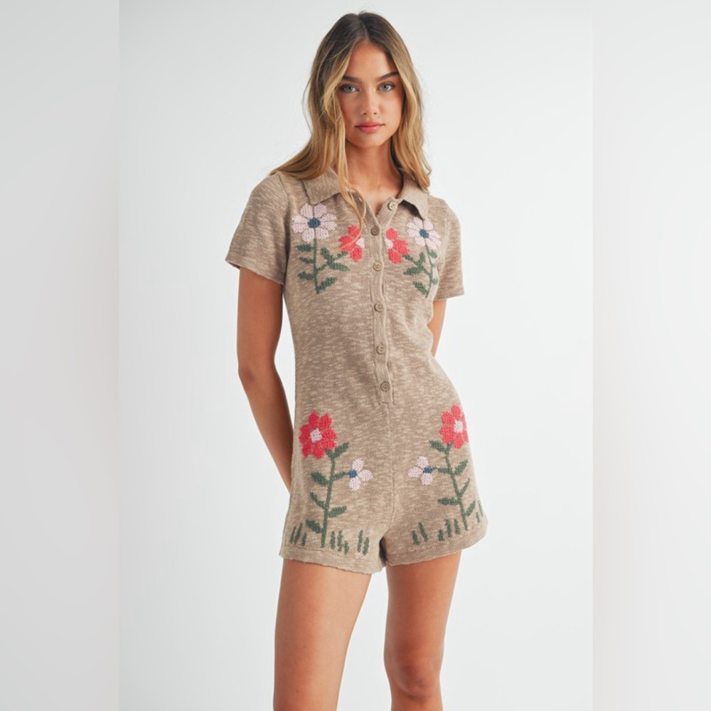 Floral Knit Jumpsuit in Tan